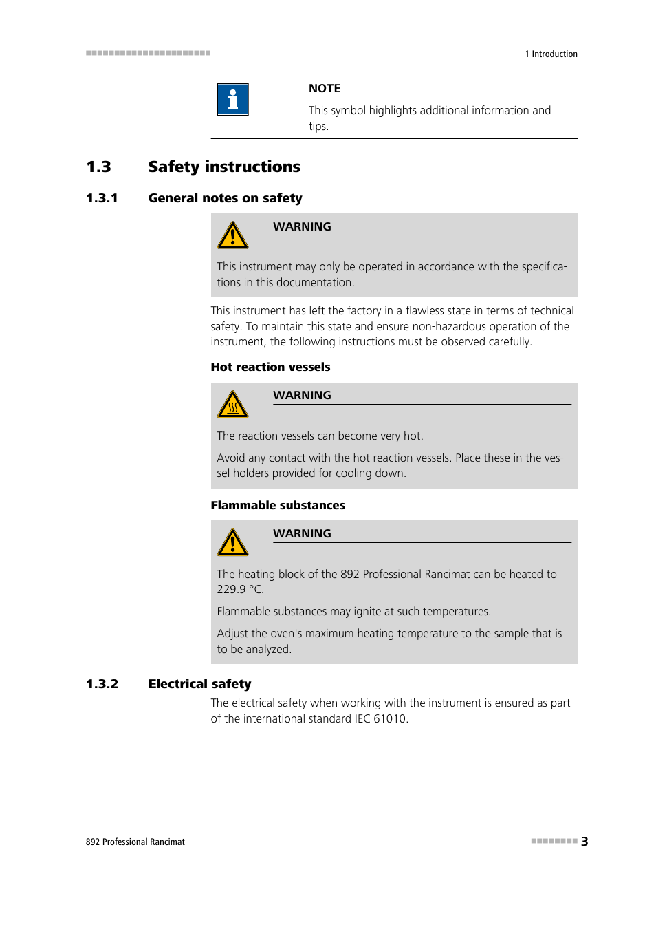 3 safety instructions, 1 general notes on safety, 2 electrical safety | Safety instructions, General notes on safety, Electrical safety | Metrohm 892 Professional Rancimat User Manual | Page 11 / 65