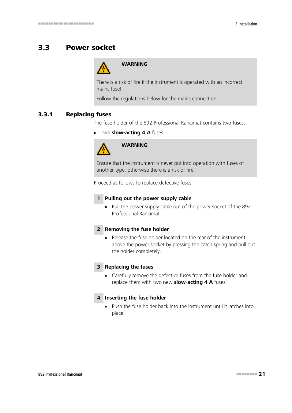 3 power socket, 1 replacing fuses, Power socket | Replacing fuses | Metrohm 892 Professional Rancimat User Manual | Page 29 / 65