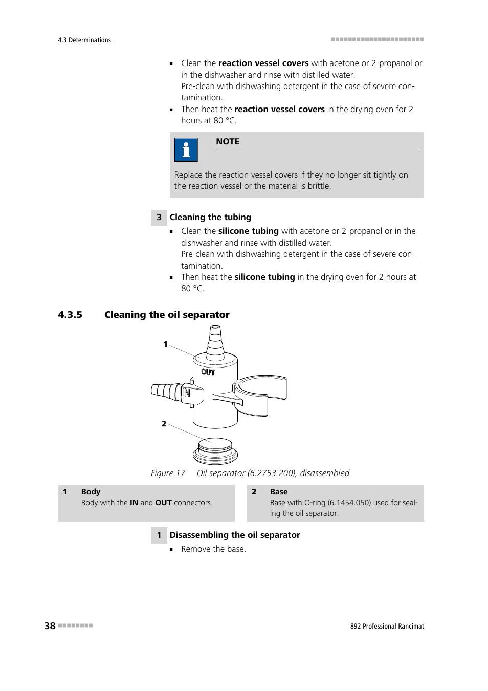 5 cleaning the oil separator, Cleaning the oil separator, Figure 17 | Oil separator (6.2753.200), disassembled | Metrohm 892 Professional Rancimat User Manual | Page 46 / 65