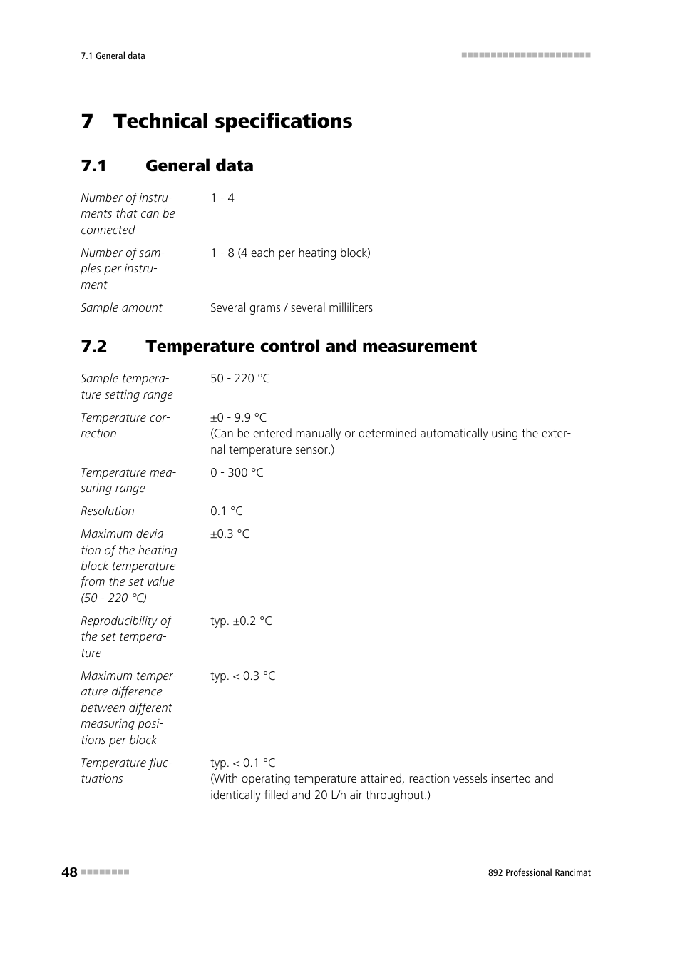 7 technical specifications, 1 general data, 2 temperature control and measurement | General data, Temperature control and measurement | Metrohm 892 Professional Rancimat User Manual | Page 56 / 65