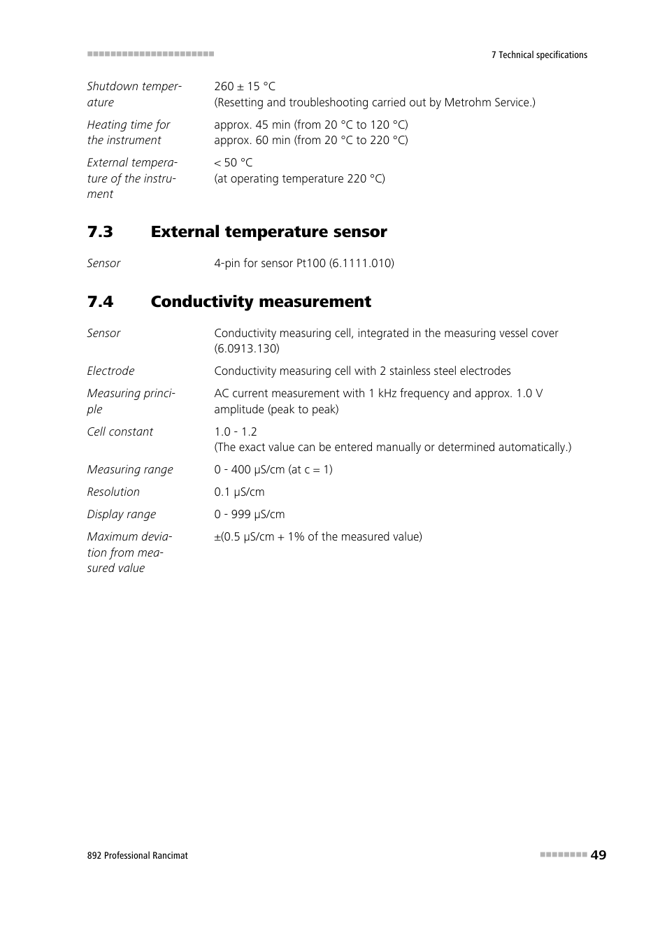 3 external temperature sensor, 4 conductivity measurement, External temperature sensor | Conductivity measurement | Metrohm 892 Professional Rancimat User Manual | Page 57 / 65