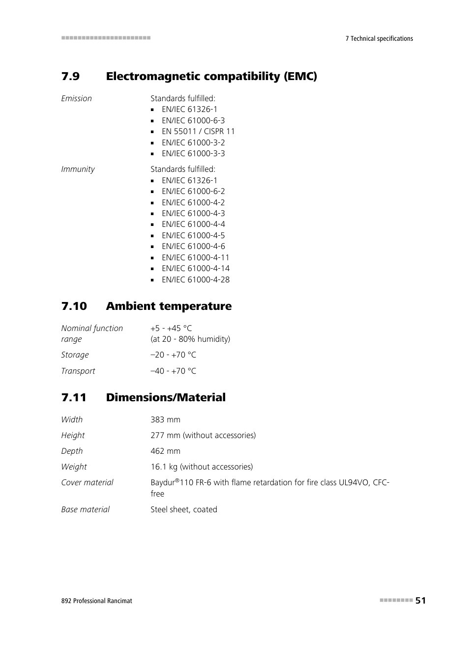 9 electromagnetic compatibility (emc), 10 ambient temperature, 11 dimensions/material | Electromagnetic compatibility (emc) | Metrohm 892 Professional Rancimat User Manual | Page 59 / 65