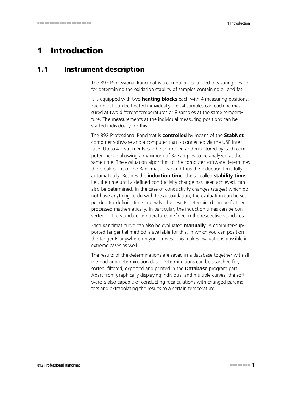 1 introduction, 1 instrument description, Instrument description | Metrohm 892 Professional Rancimat User Manual | Page 9 / 65