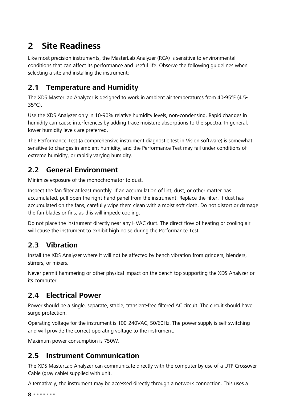 2 site readiness, 1 temperature and humidity, 2 general environment | 3 vibration, 4 electrical power, 5 instrument communication, Site readiness, Temperature and humidity, General environment, Vibration | Metrohm NIRS XDS MasterLab Analyzer User Manual | Page 10 / 167