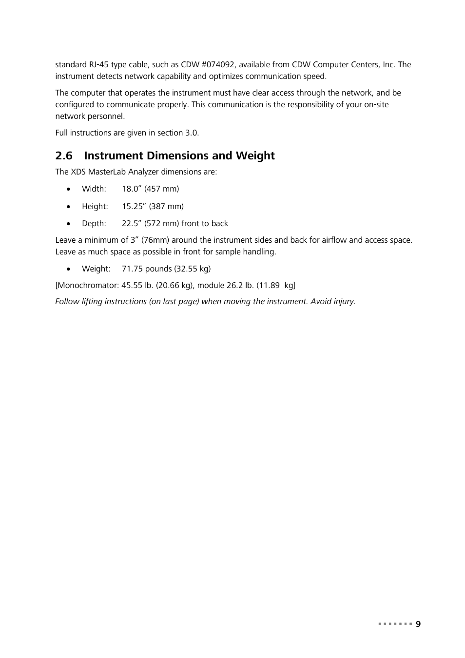 6 instrument dimensions and weight, Instrument dimensions and weight | Metrohm NIRS XDS MasterLab Analyzer User Manual | Page 11 / 167