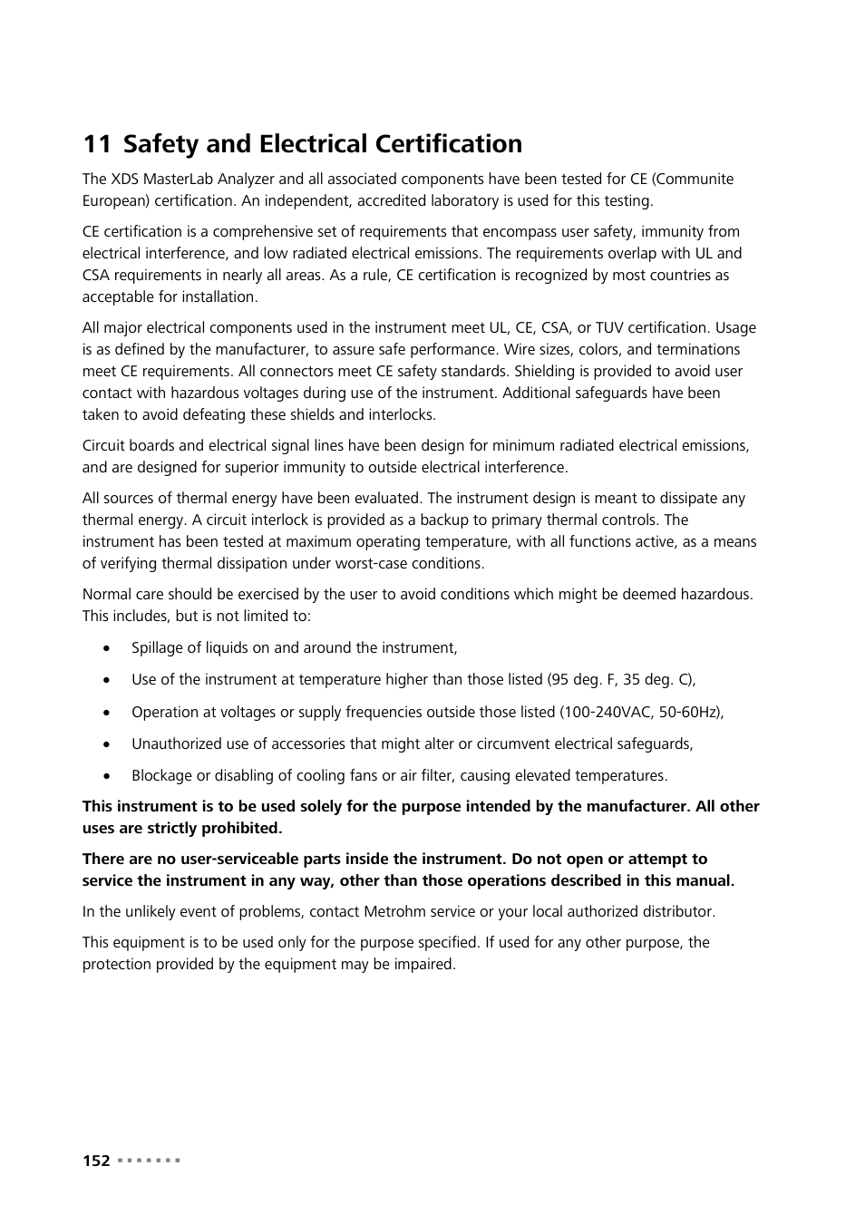 11 safety and electrical certification, Safety and electrical certification | Metrohm NIRS XDS MasterLab Analyzer User Manual | Page 154 / 167