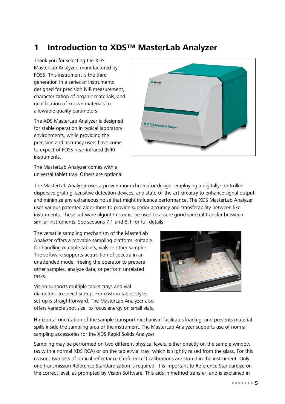 1 introduction to xds™ masterlab analyzer, Introduction to xds™ masterlab analyzer, 1introduction to xds™ masterlab analyzer | Metrohm NIRS XDS MasterLab Analyzer User Manual | Page 7 / 167