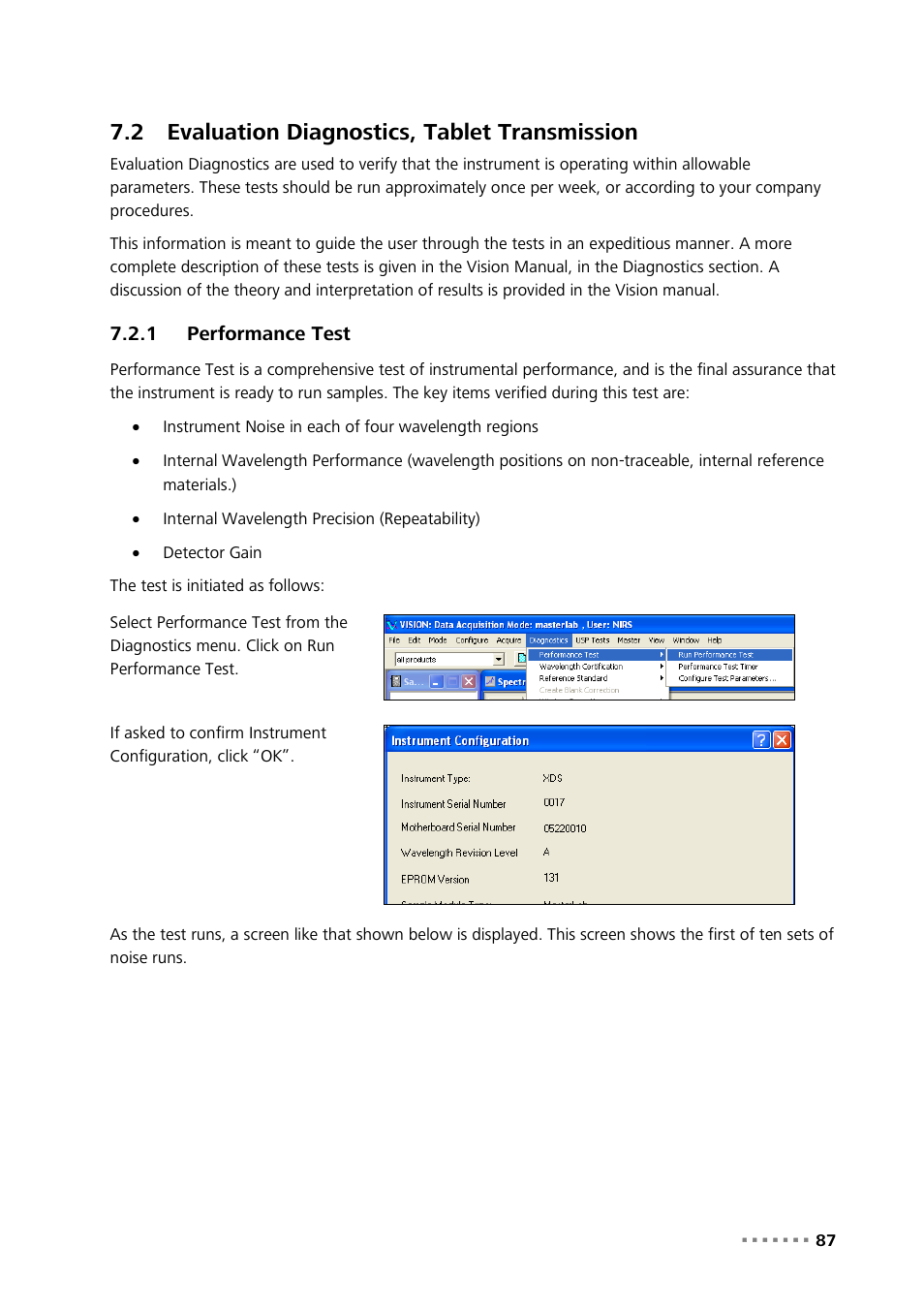 2 evaluation diagnostics, tablet transmission, 1 performance test, Evaluation diagnostics, tablet transmission | Performance test | Metrohm NIRS XDS MasterLab Analyzer User Manual | Page 89 / 167
