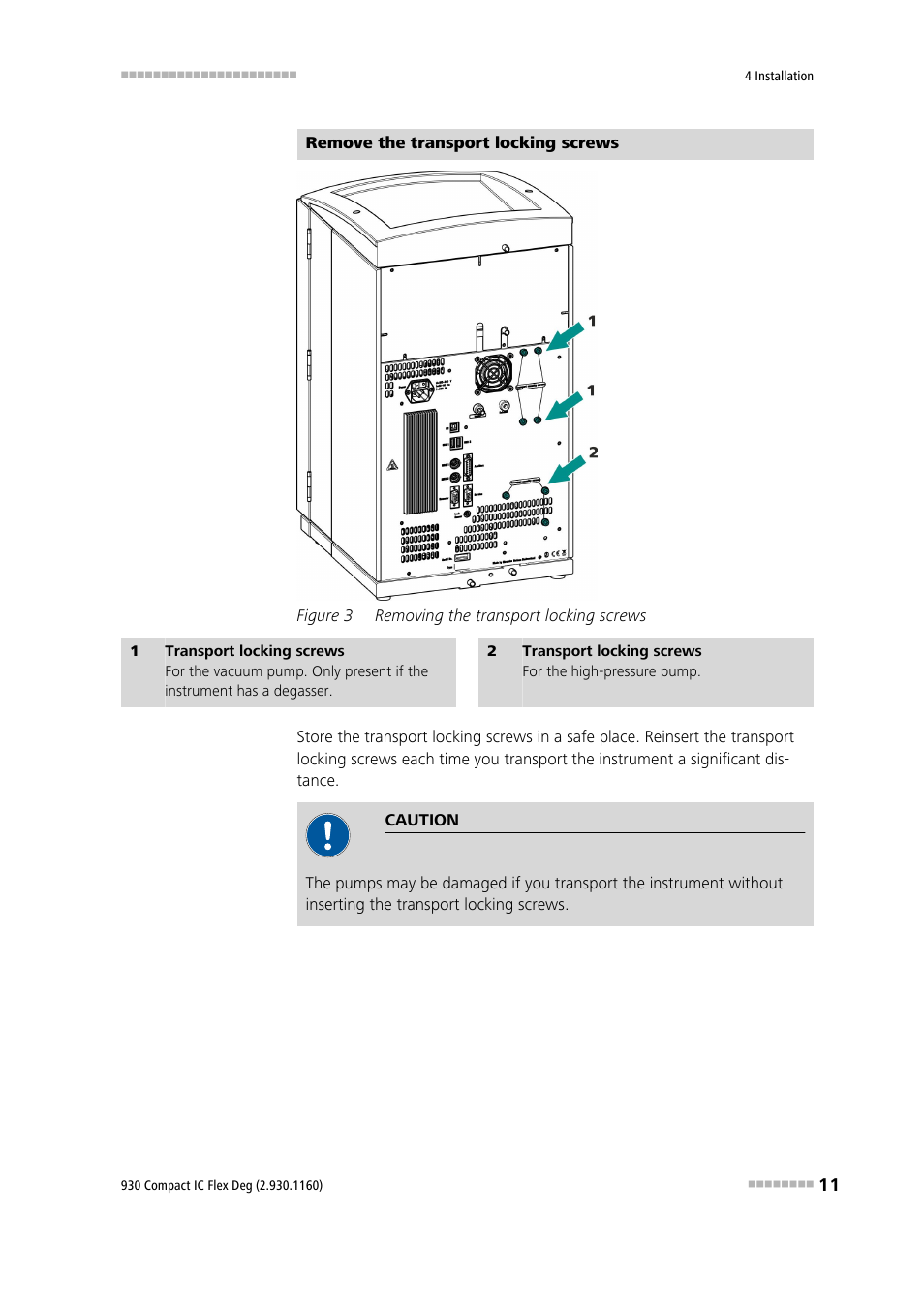 Figure 3, Removing the transport locking screws | Metrohm 930 Compact IC Flex Deg User Manual | Page 19 / 41