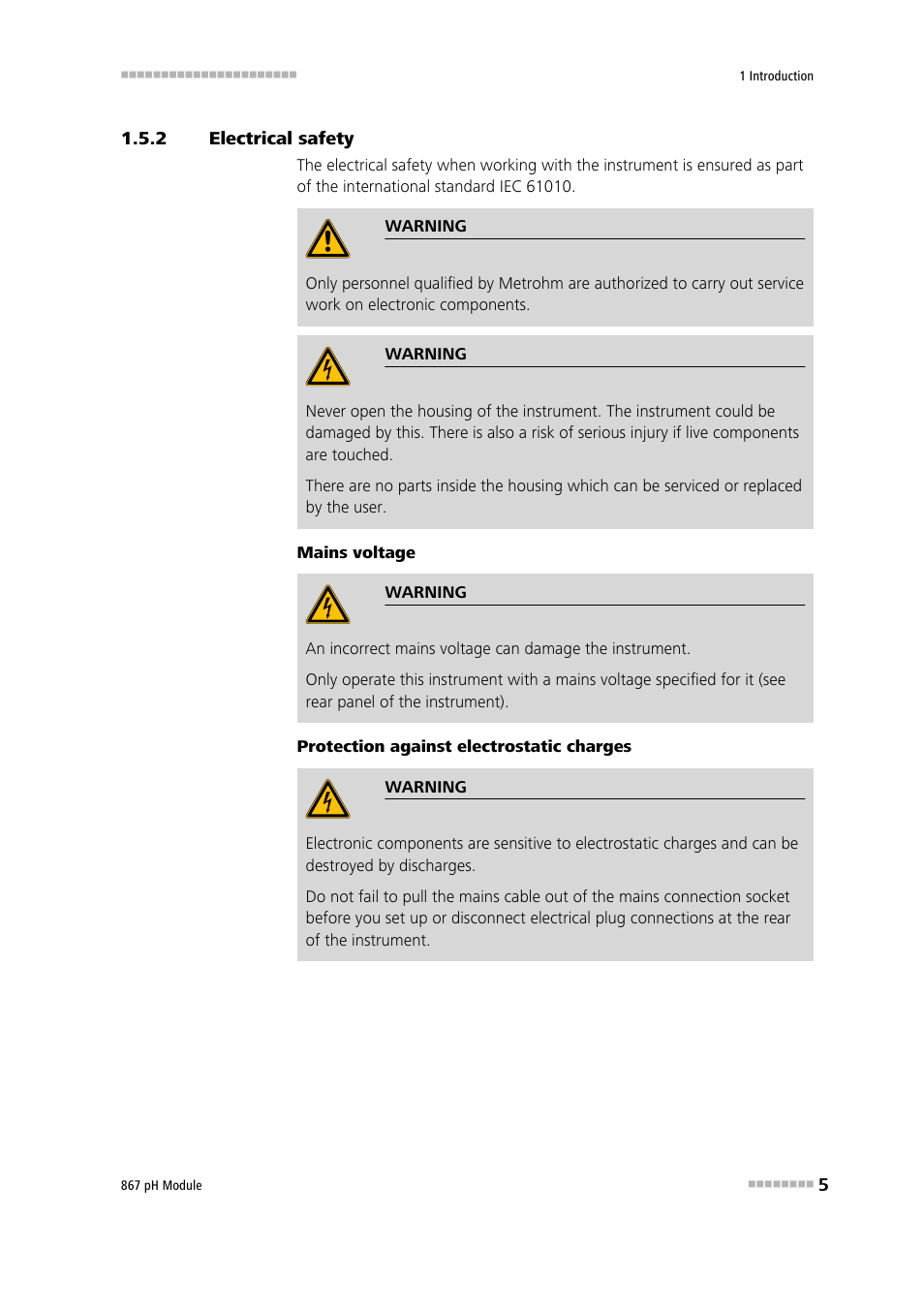 2 electrical safety, Electrical safety | Metrohm 867 pH Module User Manual | Page 13 / 63