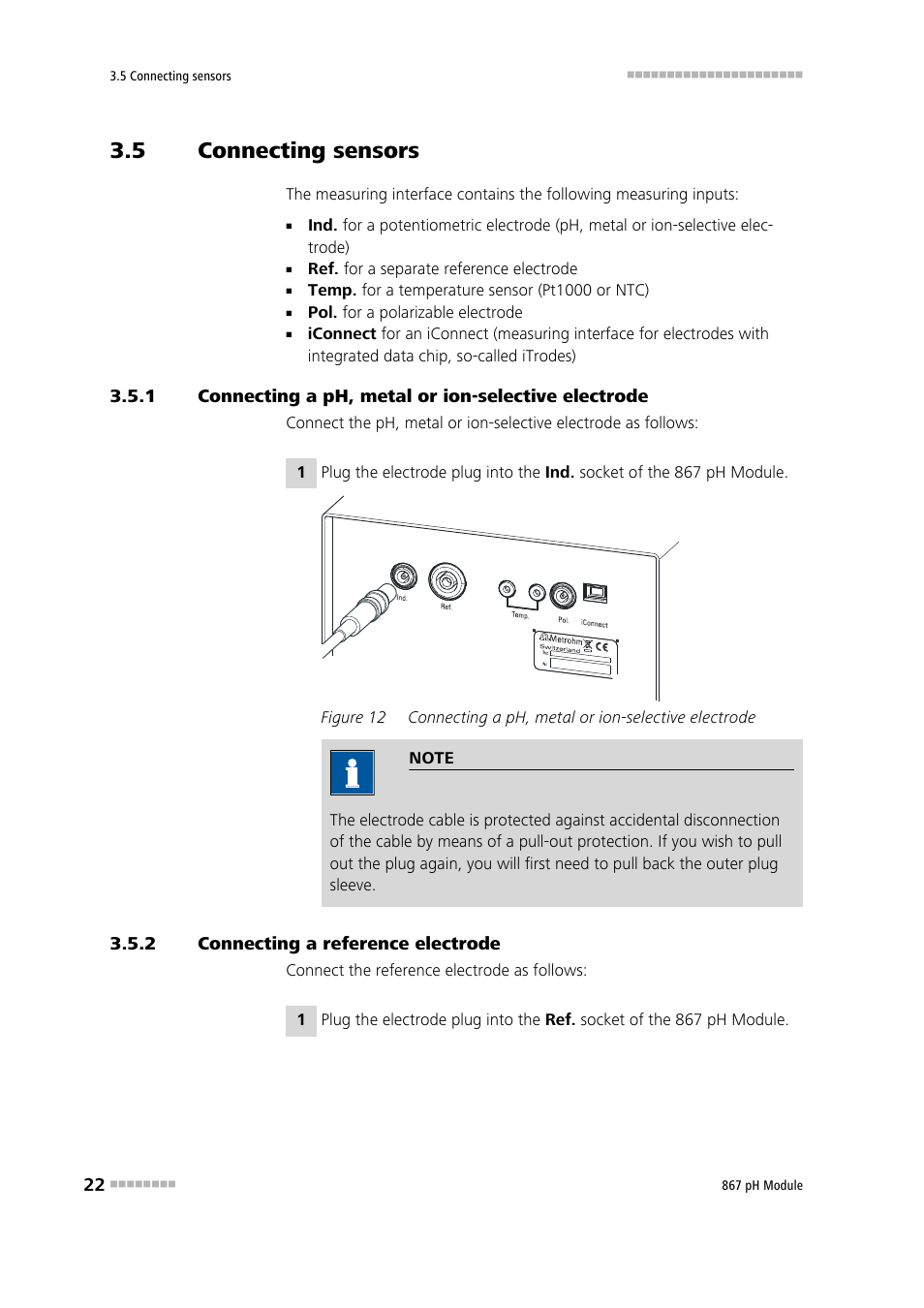 5 connecting sensors, 2 connecting a reference electrode, Connecting sensors | Connecting a ph, metal or ion-selective electrode, Connecting a reference electrode, Figure 12 | Metrohm 867 pH Module User Manual | Page 30 / 63