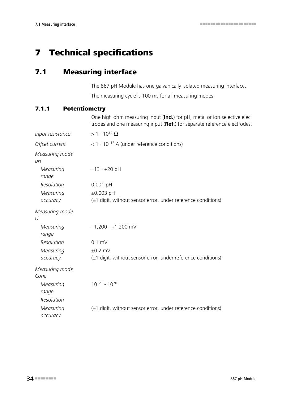 7 technical specifications, 1 measuring interface, 1 potentiometry | Measuring interface, Potentiometry | Metrohm 867 pH Module User Manual | Page 42 / 63