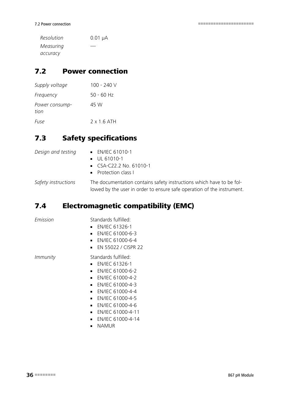 2 power connection, 3 safety specifications, 4 electromagnetic compatibility (emc) | Power connection, Safety specifications, Electromagnetic compatibility (emc) | Metrohm 867 pH Module User Manual | Page 44 / 63
