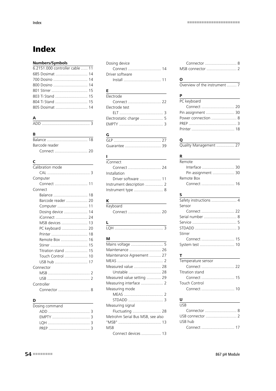 Index | Metrohm 867 pH Module User Manual | Page 62 / 63