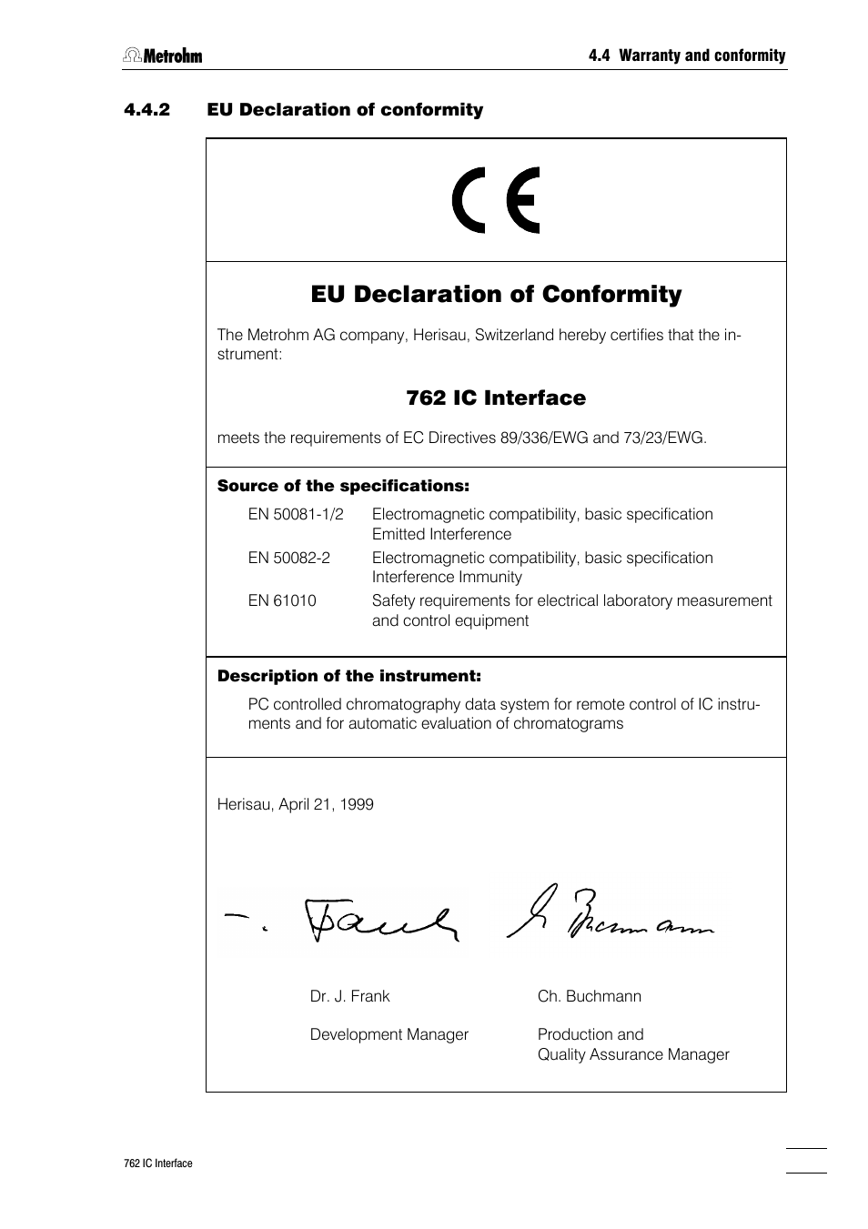 Eu declaration of conformity, 762 ic interface | Metrohm 762 IC Interface User Manual | Page 39 / 42