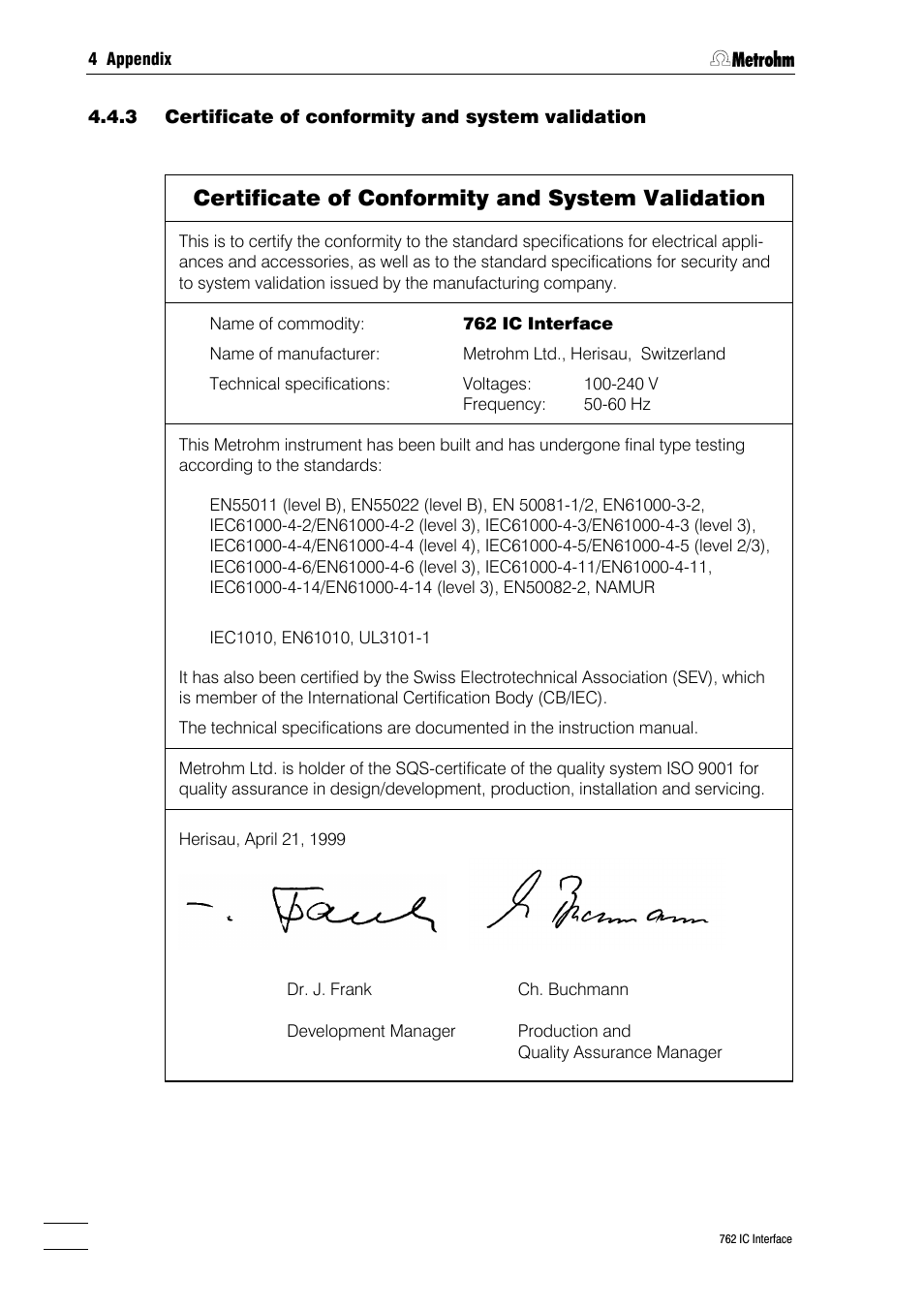 Certificate of conformity and system validation | Metrohm 762 IC Interface User Manual | Page 40 / 42
