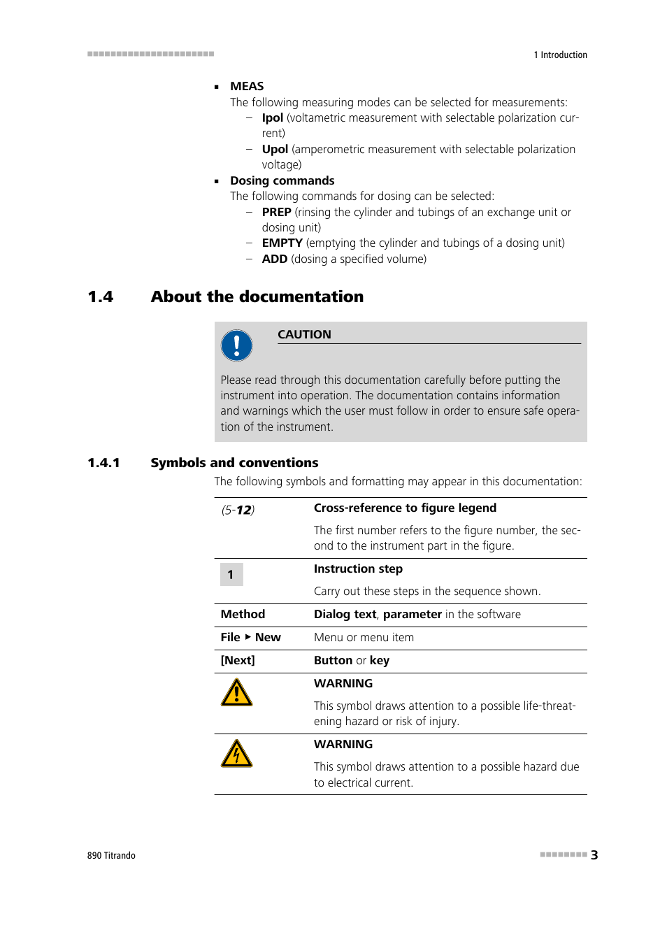 4 about the documentation, 1 symbols and conventions, About the documentation | Symbols and conventions | Metrohm 890 Titrando User Manual | Page 11 / 50