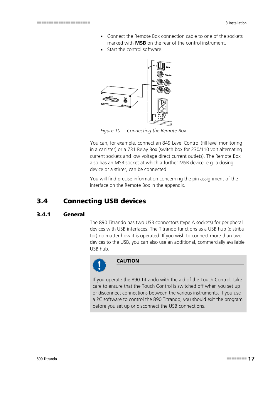 4 connecting usb devices, 1 general, Connecting usb devices | General, Figure 10, Connecting the remote box | Metrohm 890 Titrando User Manual | Page 25 / 50