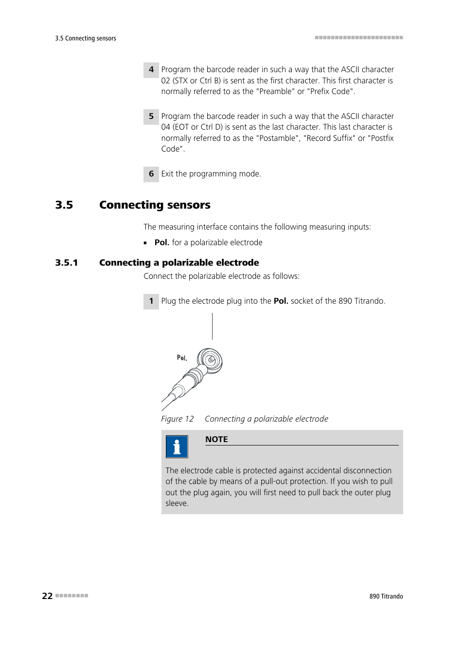 5 connecting sensors, 1 connecting a polarizable electrode, Connecting sensors | Connecting a polarizable electrode, Figure 12 | Metrohm 890 Titrando User Manual | Page 30 / 50