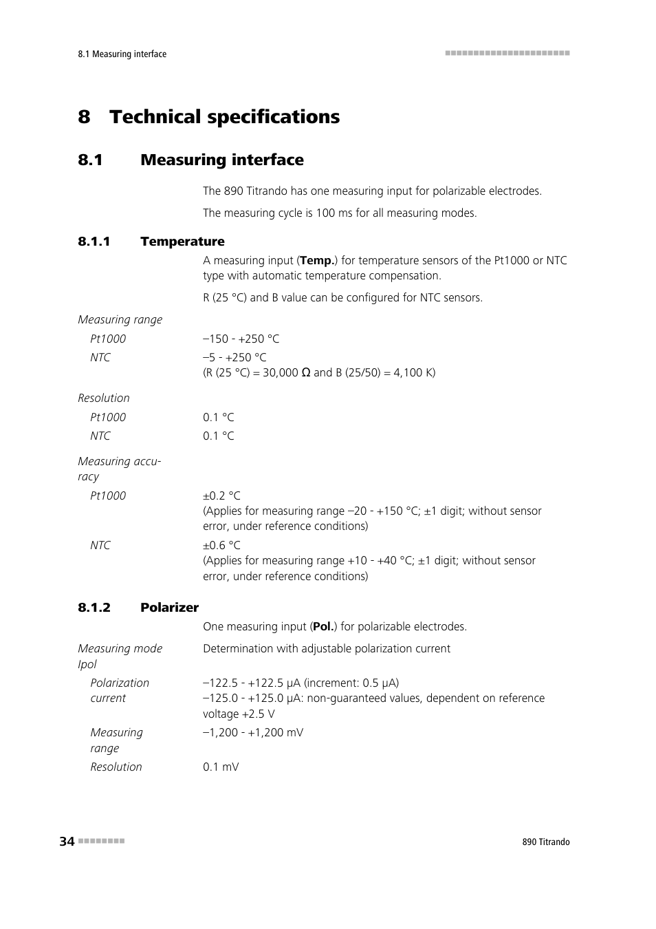 8 technical specifications, 1 measuring interface, 1 temperature | 2 polarizer, Measuring interface, Temperature, Polarizer | Metrohm 890 Titrando User Manual | Page 42 / 50