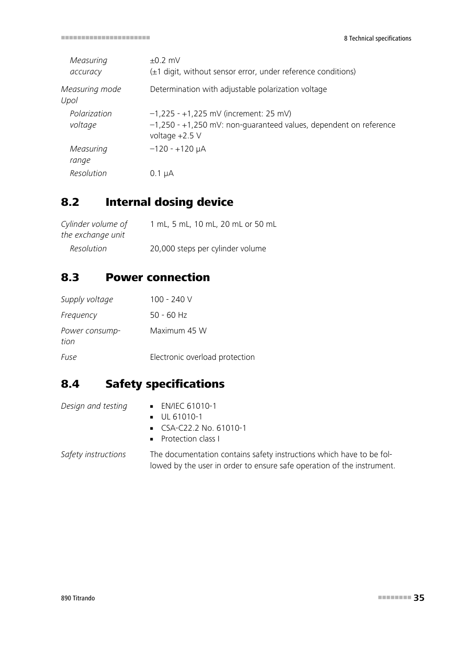 2 internal dosing device, 3 power connection, 4 safety specifications | Internal dosing device, Power connection, Safety specifications | Metrohm 890 Titrando User Manual | Page 43 / 50