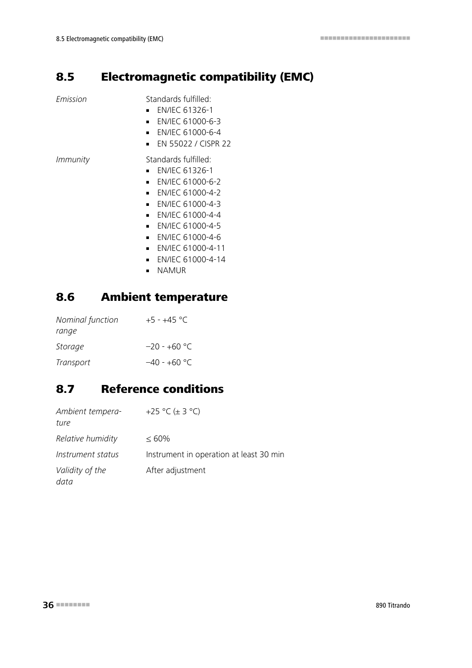 5 electromagnetic compatibility (emc), 6 ambient temperature, 7 reference conditions | Electromagnetic compatibility (emc), Ambient temperature, Reference conditions | Metrohm 890 Titrando User Manual | Page 44 / 50