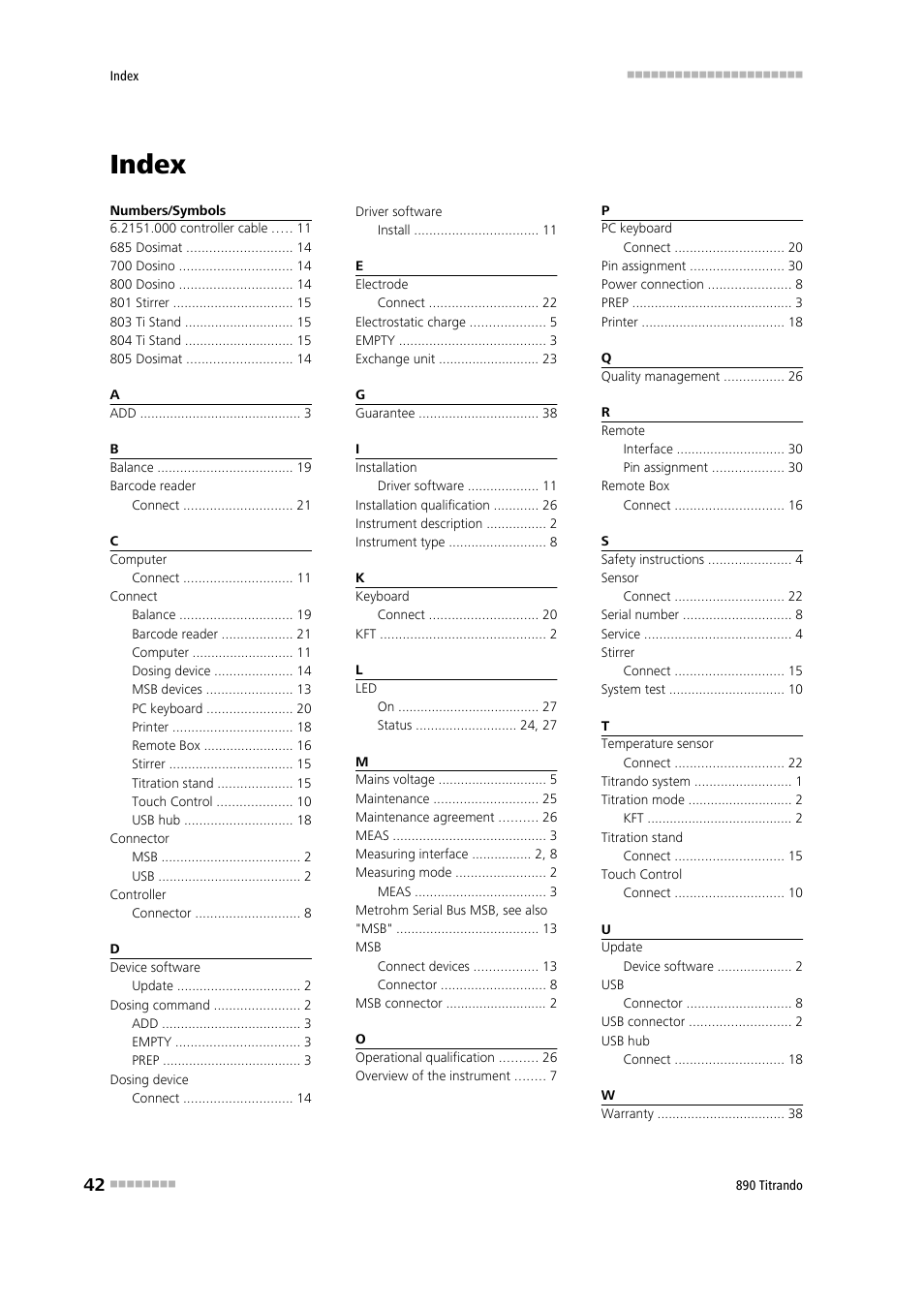 Index | Metrohm 890 Titrando User Manual | Page 50 / 50