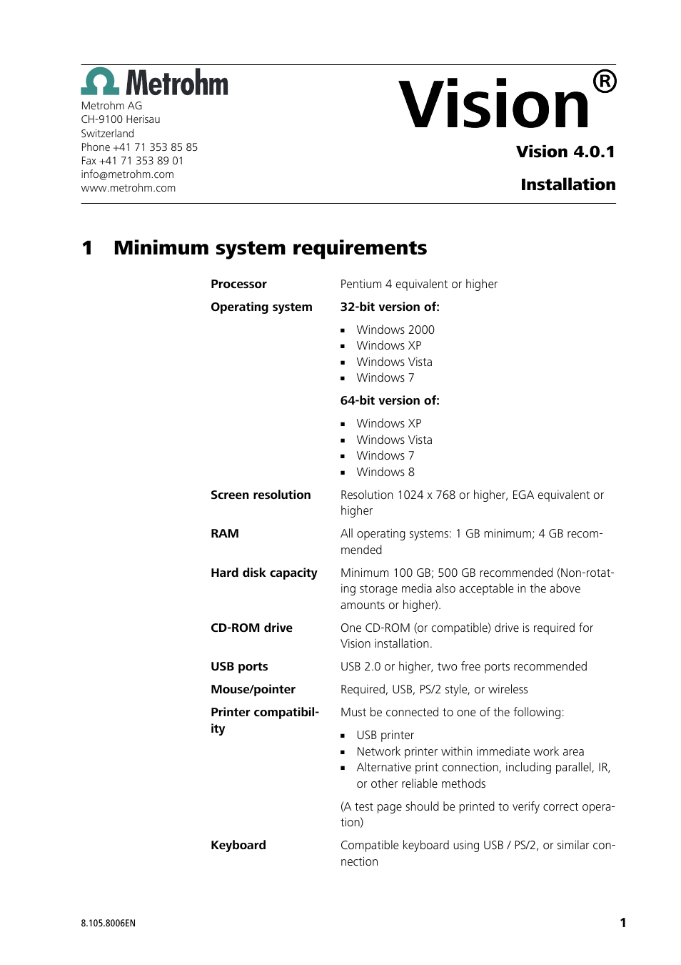 Metrohm Vision Installation User Manual | 16 pages