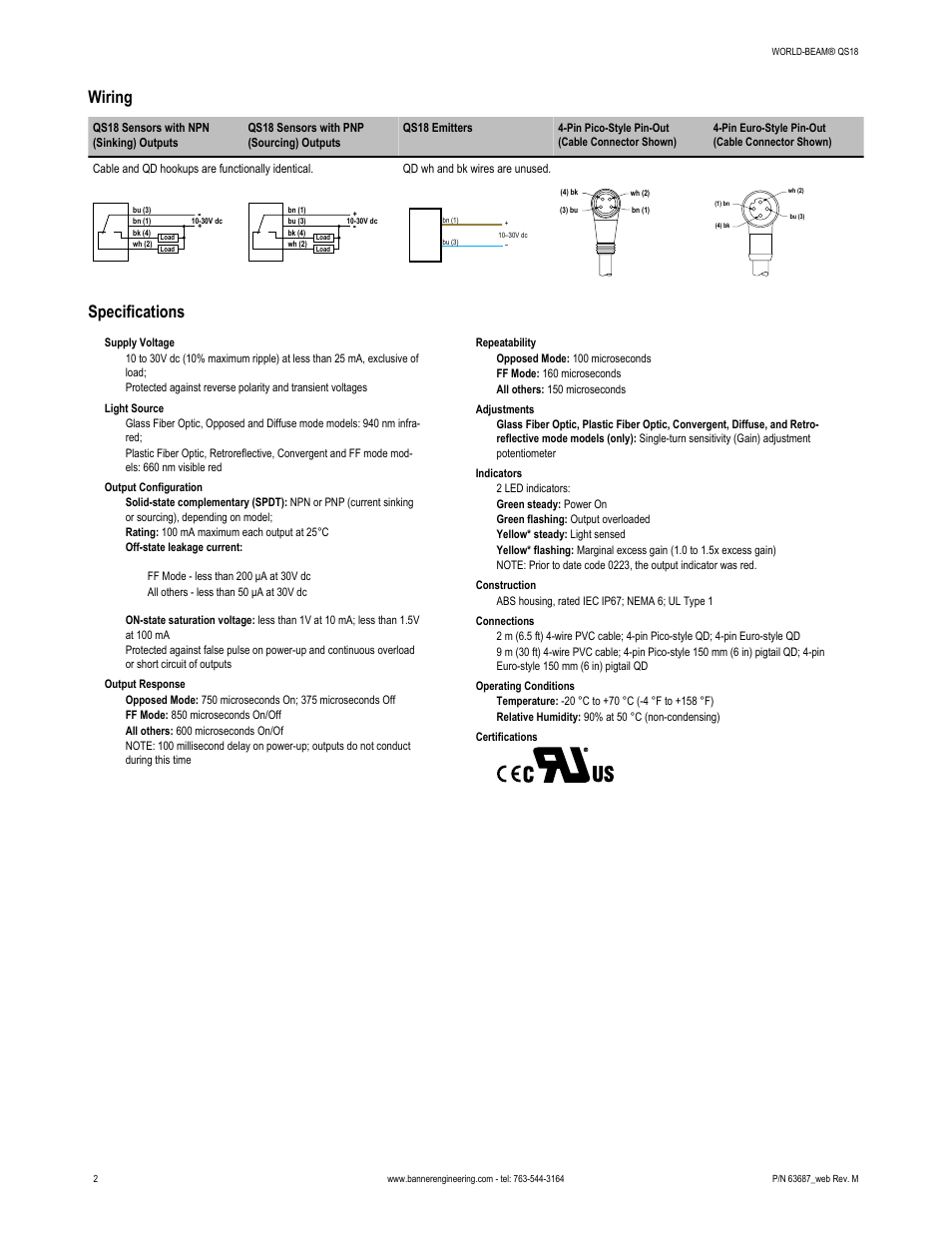 Wiring, Specifications | Banner WORLD-BEAM QS18 Standard Series User Manual | Page 2 / 3
