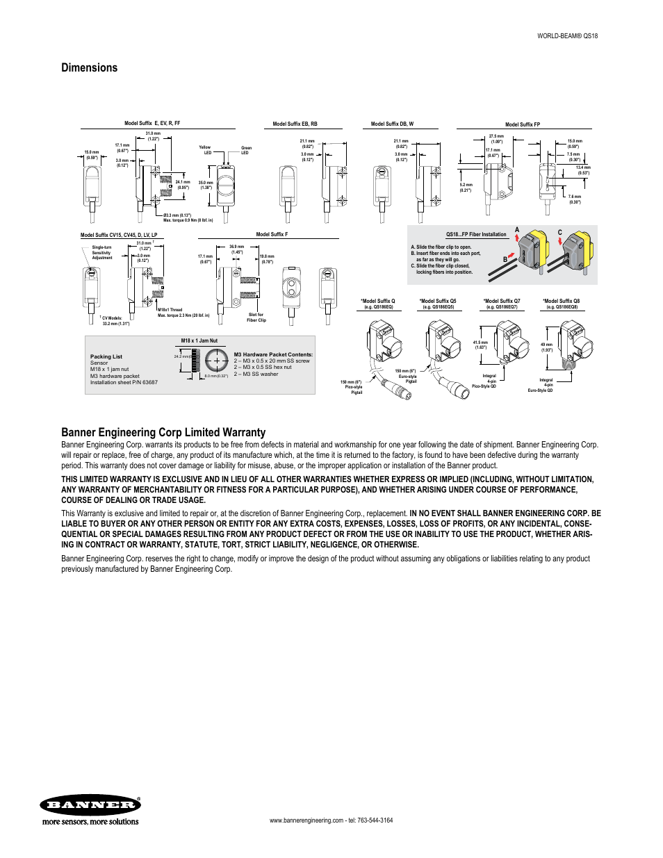 Dimensions, Banner engineering corp limited warranty | Banner WORLD-BEAM QS18 Standard Series User Manual | Page 3 / 3