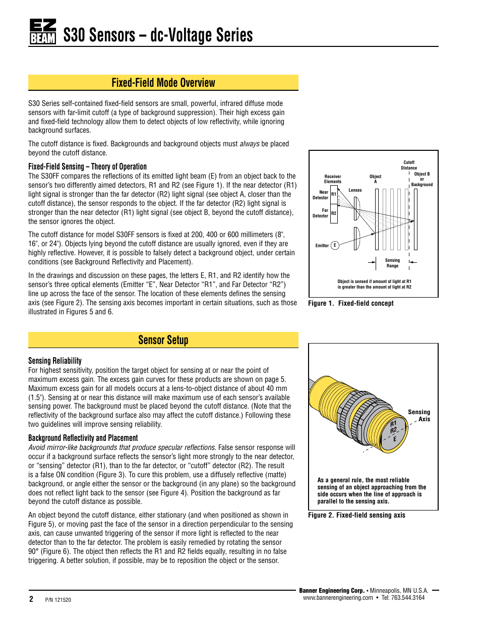 S30 sensors – dc-voltage series, Fixed-field mode overview, Sensor setup | Fixed-field sensing – theory of operation, Sensing reliability, Background reflectivity and placement | Banner S30 Series User Manual | Page 2 / 7