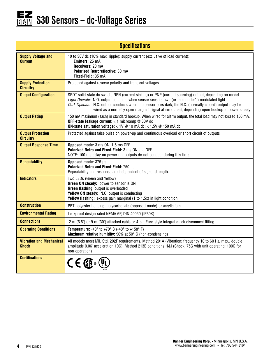 S30 sensors – dc-voltage series, Specifications | Banner S30 Series User Manual | Page 4 / 7