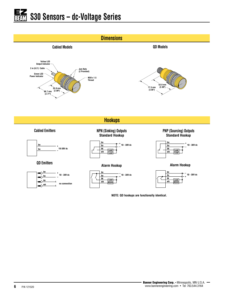 S30 sensors – dc-voltage series, Dimensions hookups, Cabled models qd models | Cabled emitters, Npn (sinking) outputs, Pnp (sourcing) outputs, Qd emitters | Banner S30 Series User Manual | Page 6 / 7