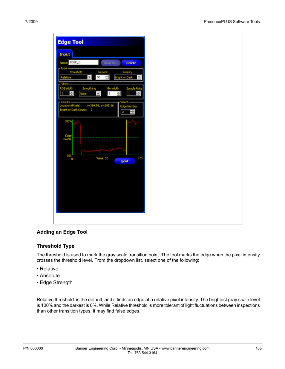 Adding an edge tool, Threshold type, Relative threshold | Banner PresencePLUS P4 EDGE 1.3 Series User Manual | Page 105 / 258