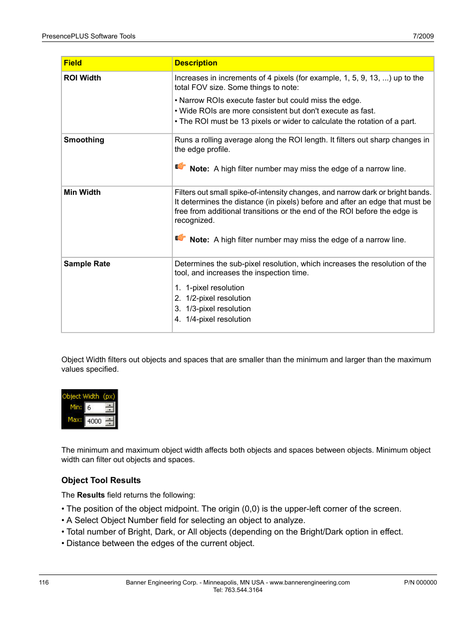 Object width, Object tool results | Banner PresencePLUS P4 EDGE 1.3 Series User Manual | Page 116 / 258
