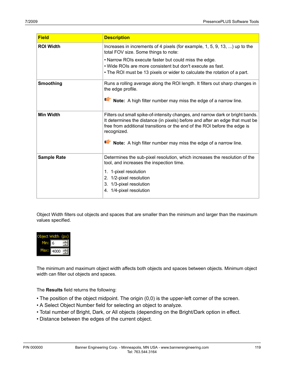 Object width, Object tool results | Banner PresencePLUS P4 EDGE 1.3 Series User Manual | Page 119 / 258