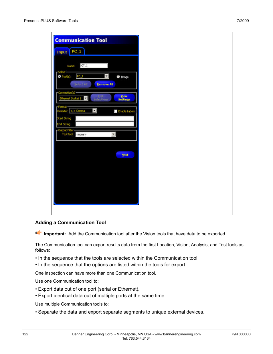Adding a communication tool | Banner PresencePLUS P4 EDGE 1.3 Series User Manual | Page 122 / 258