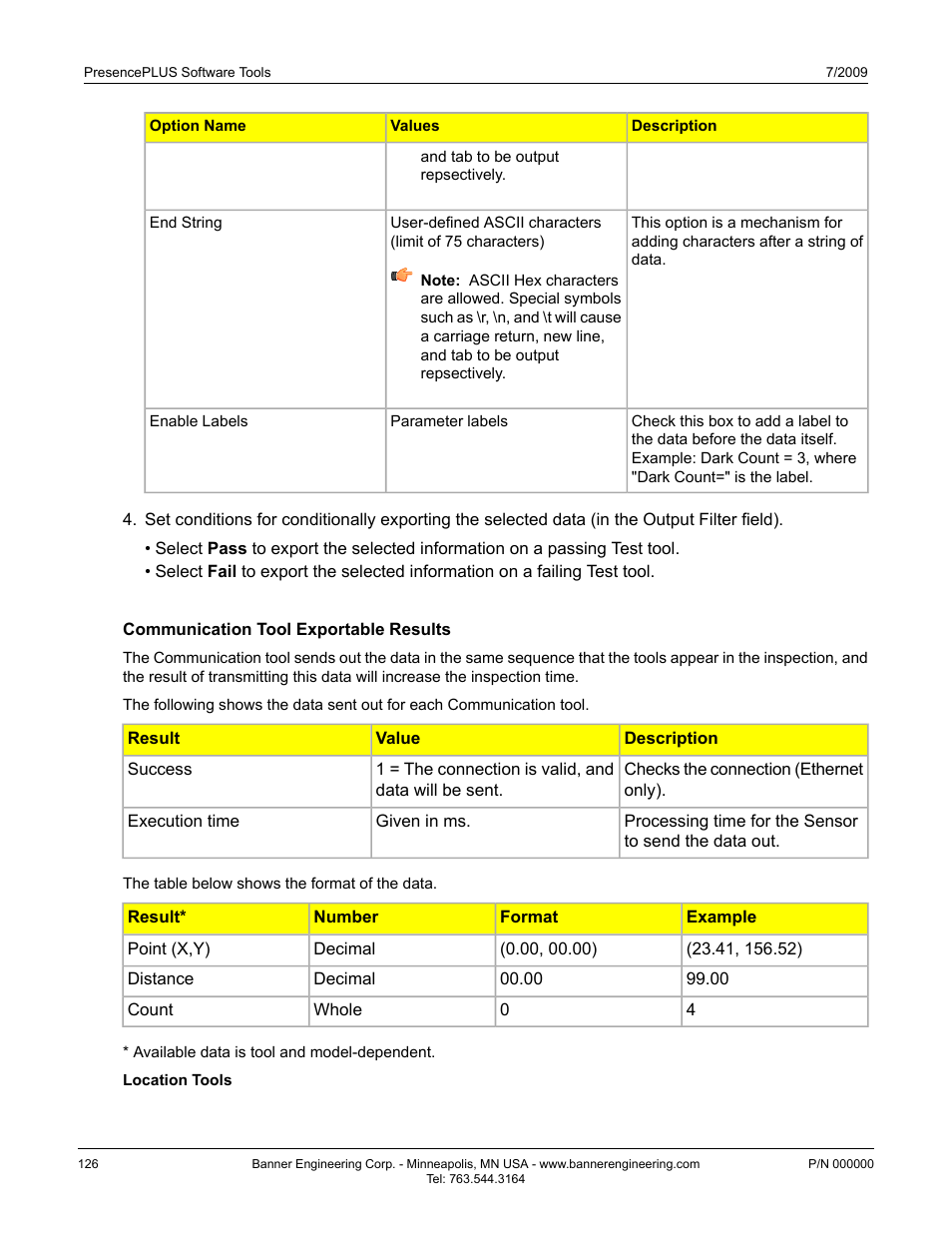 Communication tool exportable results | Banner PresencePLUS P4 EDGE 1.3 Series User Manual | Page 126 / 258