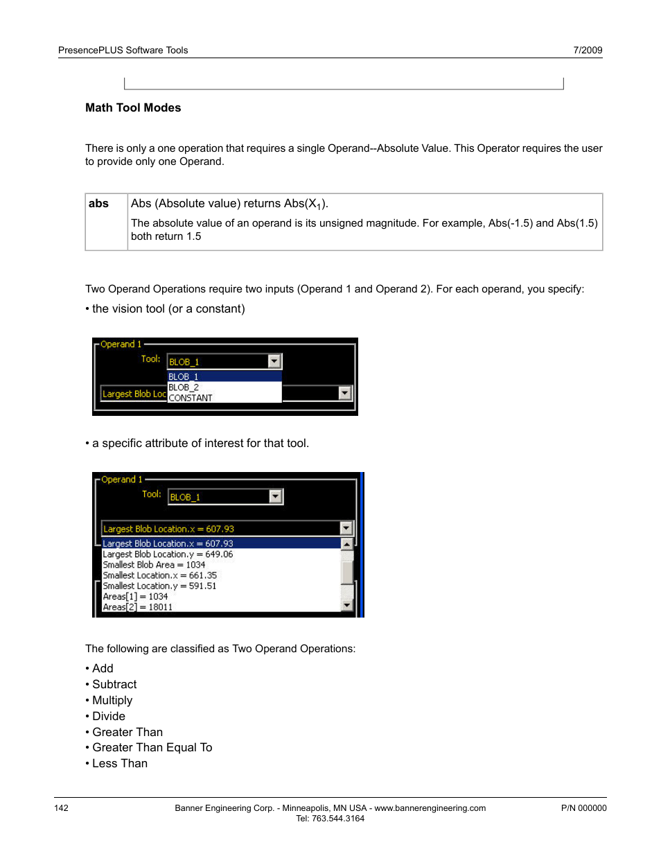 Math tool modes, One operand operation, One operand functions | Two operand operations | Banner PresencePLUS P4 EDGE 1.3 Series User Manual | Page 142 / 258