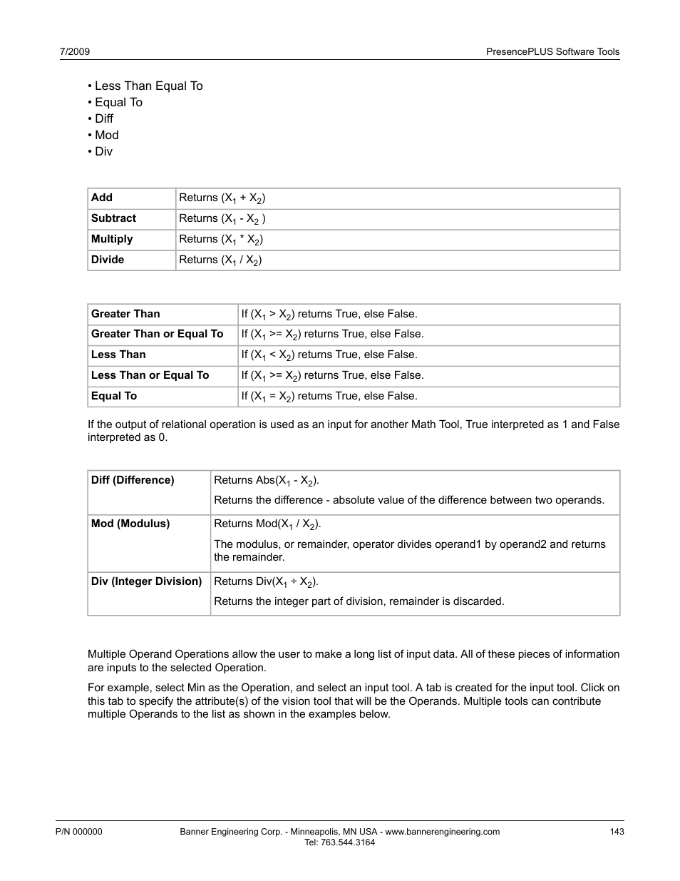 Arithmetic operations, Relational operations, Two operand functions | Multiple operand operations | Banner PresencePLUS P4 EDGE 1.3 Series User Manual | Page 143 / 258