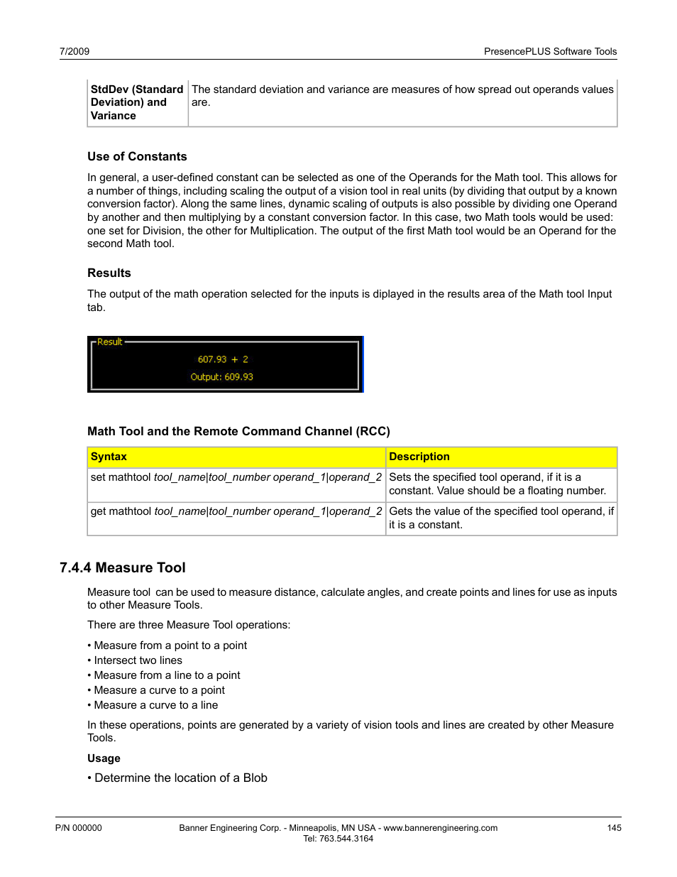 Use of constants, Results, Math tool and the remote command channel (rcc) | 4 measure tool, Measure tool7.4.4 measure tool | Banner PresencePLUS P4 EDGE 1.3 Series User Manual | Page 145 / 258