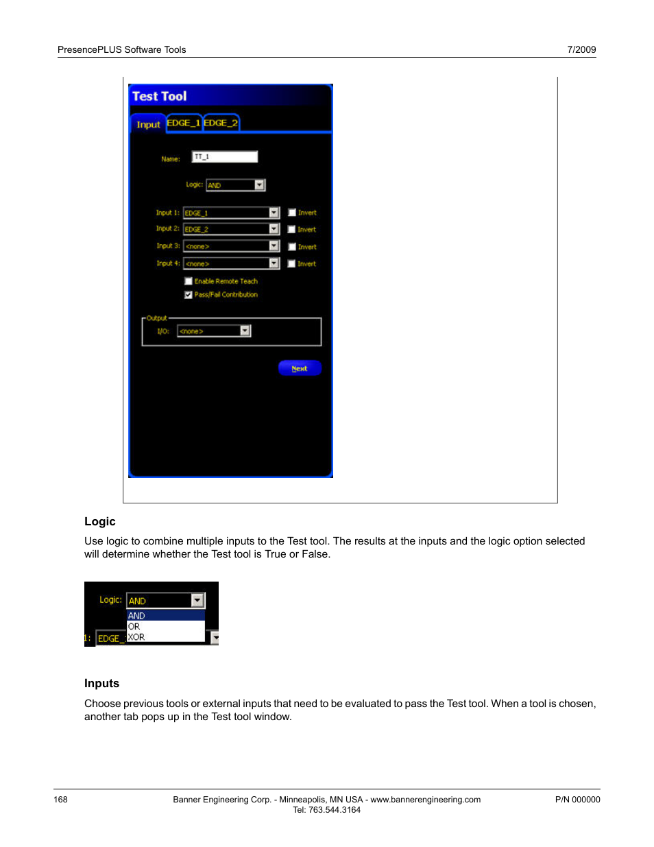 Logic, Inputs, Logic7.4.5.1 logic | Inputs7.4.5.2 inputs | Banner PresencePLUS P4 EDGE 1.3 Series User Manual | Page 168 / 258