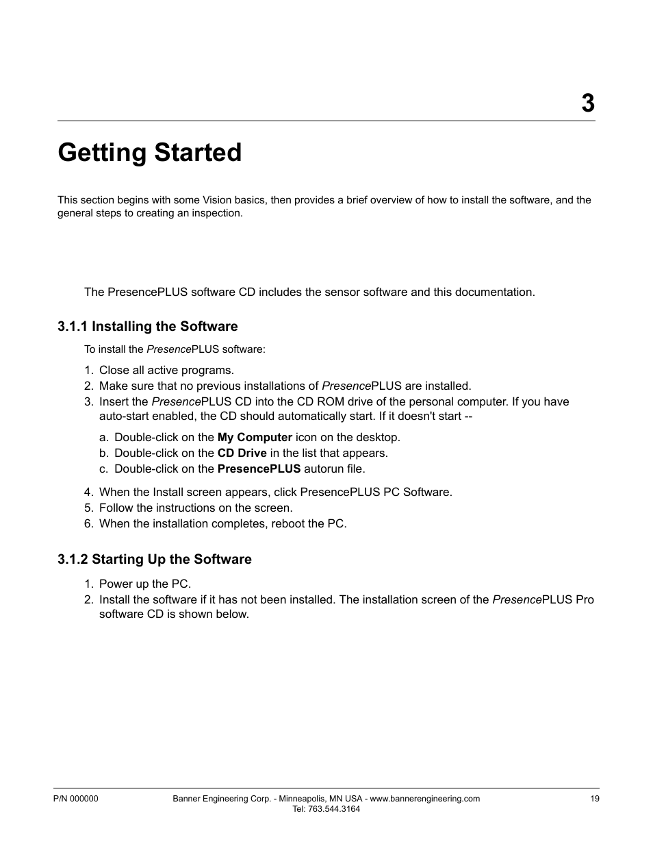 Getting started, 1 installing the presenceplus software, 1 installing the software | 2 starting up the software, 3getting started, 1 installing the presence plus software | Banner PresencePLUS P4 EDGE 1.3 Series User Manual | Page 19 / 258