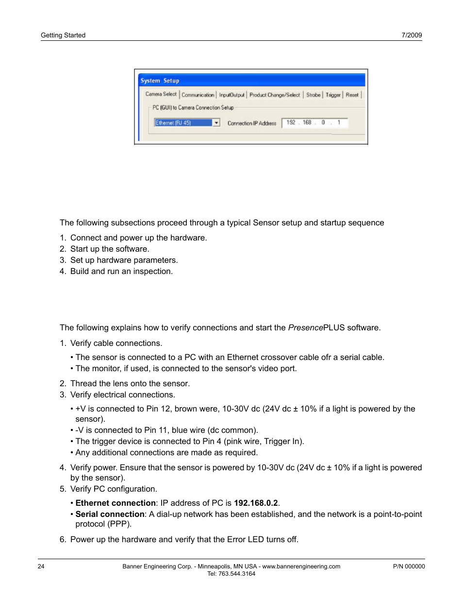 2 typical setup and startup sequence, 3 startup and troubleshooting | Banner PresencePLUS P4 EDGE 1.3 Series User Manual | Page 24 / 258