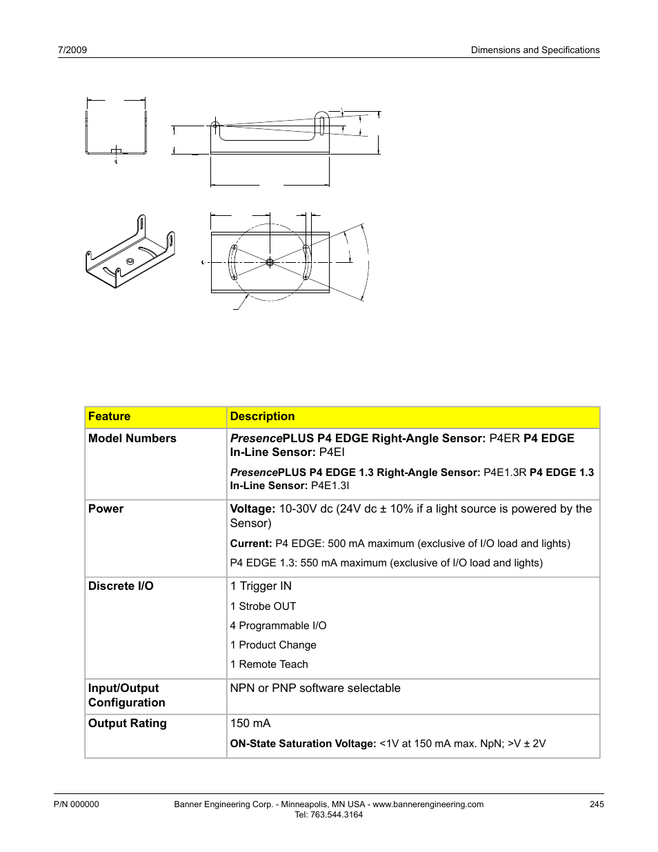 2 sensor specifications, Power, 1 trigger in | Discrete i/o, Output rating | Banner PresencePLUS P4 EDGE 1.3 Series User Manual | Page 245 / 258