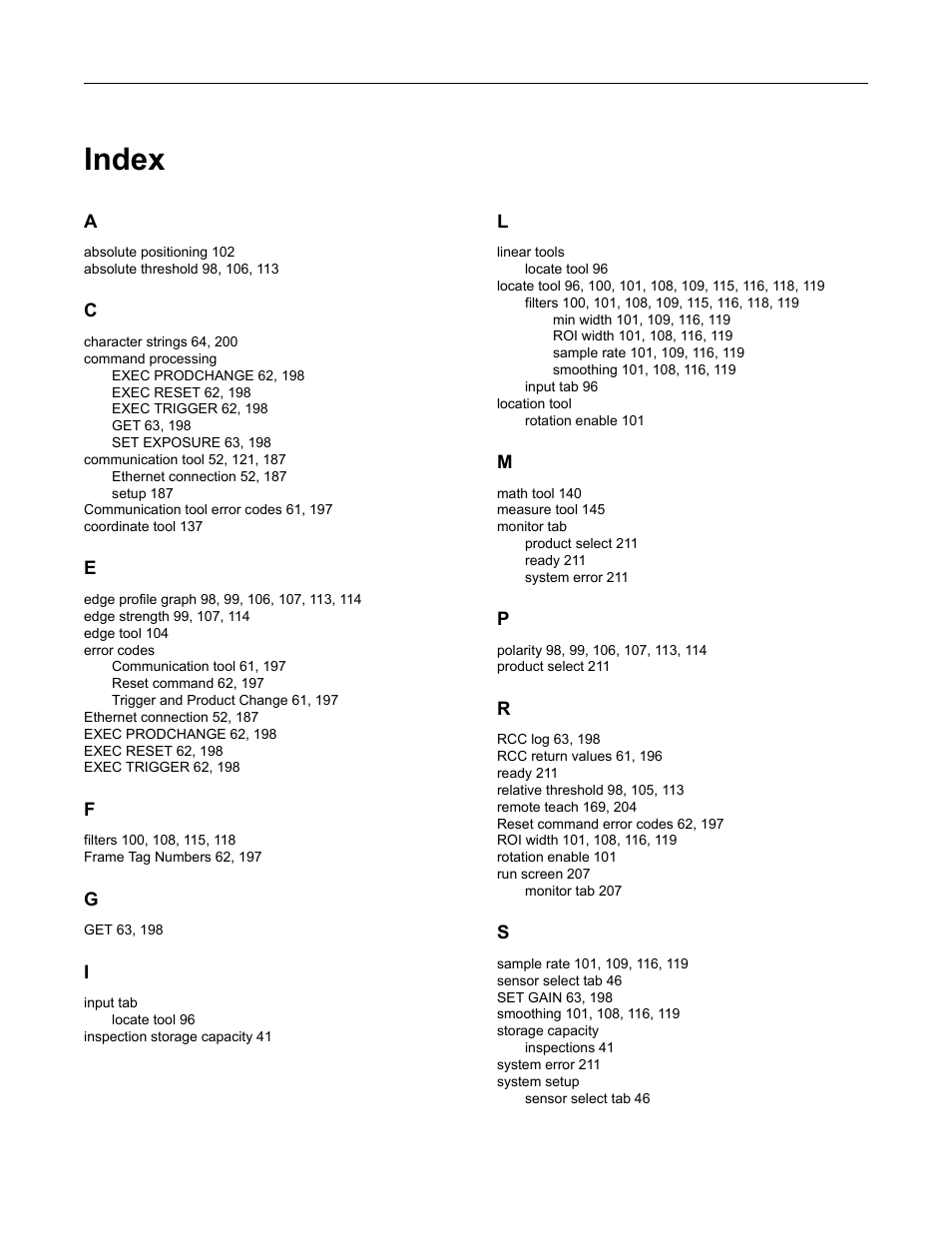 Index | Banner PresencePLUS P4 EDGE 1.3 Series User Manual | Page 257 / 258