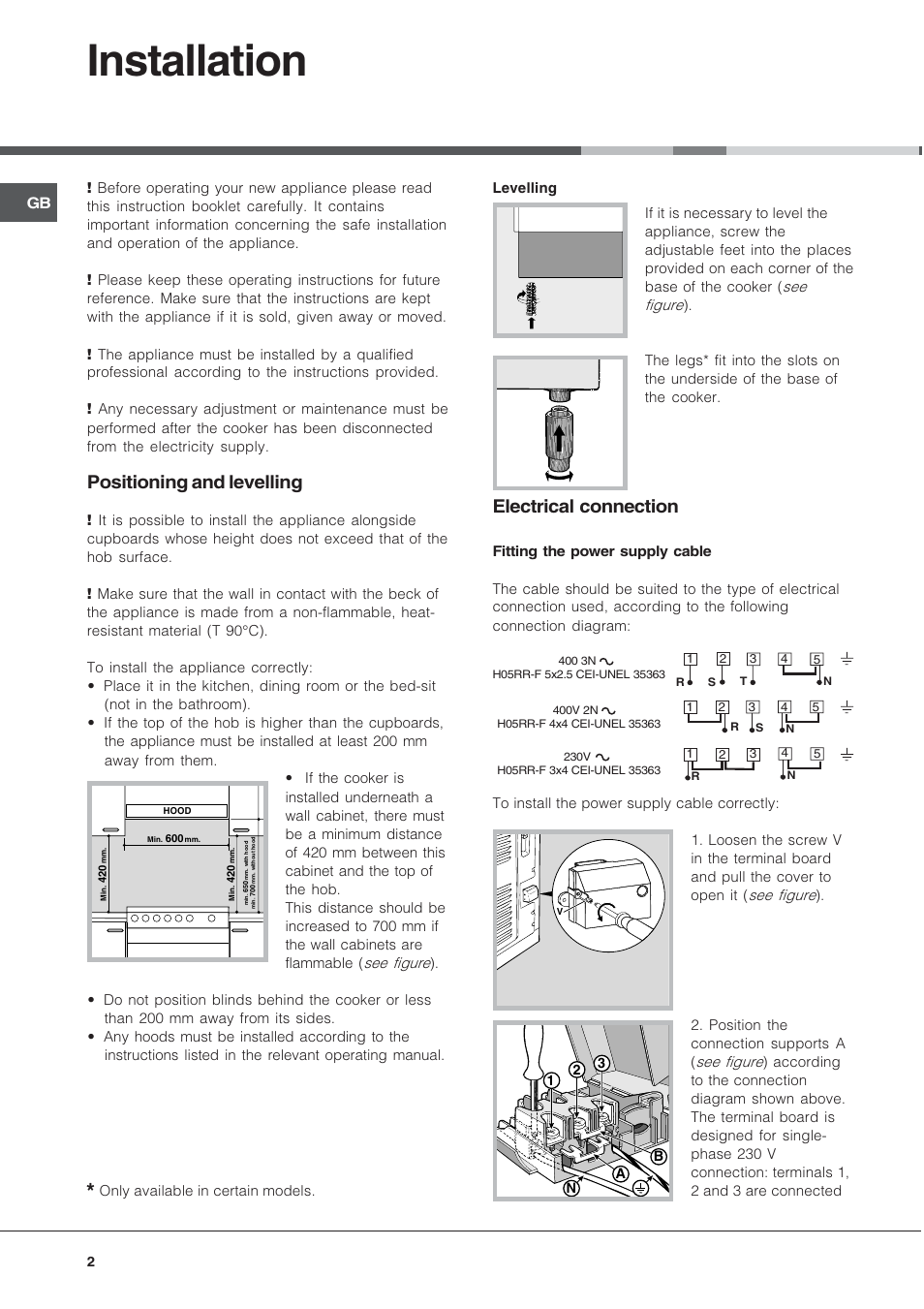 Installation, Positioning and levelling, Electrical connection | Hotpoint Ariston C 3 VP6 R/HA User Manual | Page 2 / 60