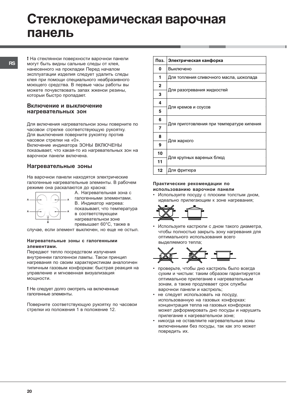 Стеклокерамическая варочная панель, Включение и выключение нагревательных зон, Нагревательные зоны | Hotpoint Ariston C 3 VP6 R/HA User Manual | Page 20 / 60