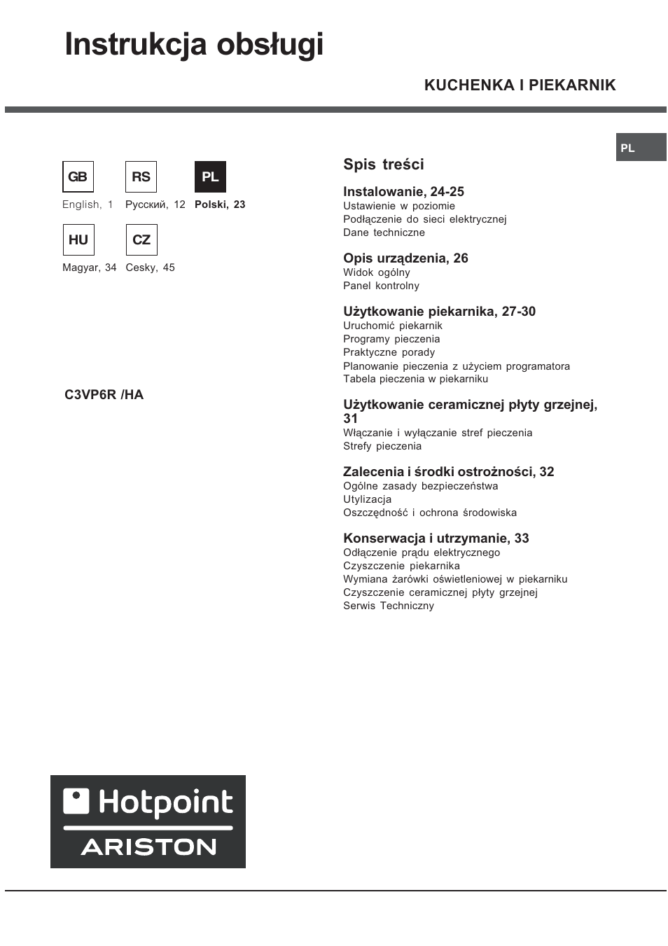 Instrukcja obs³ugi, Kuchenka i piekarnik, Spis treci | Hotpoint Ariston C 3 VP6 R/HA User Manual | Page 23 / 60