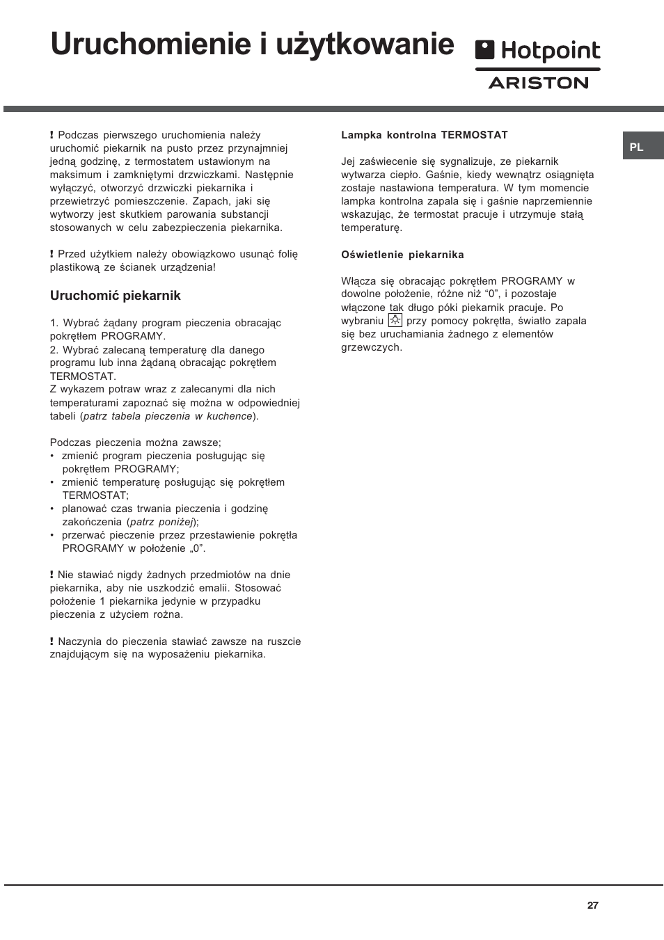 Uruchomienie i u¿ytkowanie | Hotpoint Ariston C 3 VP6 R/HA User Manual | Page 27 / 60